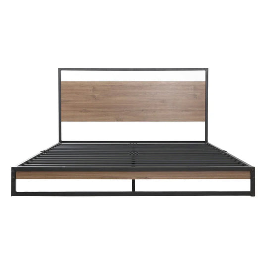 Modern bed frame with black metal and wood panel headboard and footboard, minimalist design