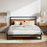 Minimalist bedroom with modern wood and metal bed frame, light gray bedding, and floating nightstands
