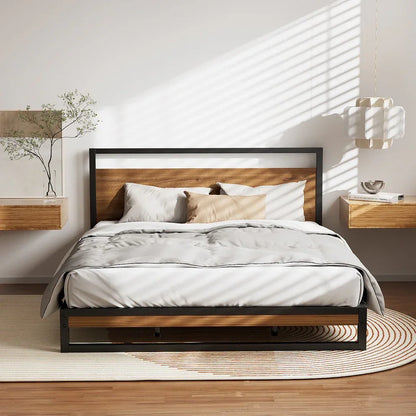 Minimalist bedroom with modern wood and metal bed frame, light gray bedding, and floating nightstands