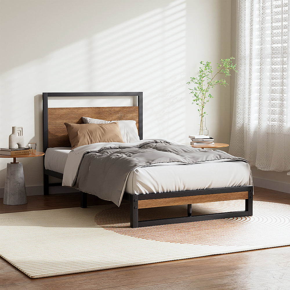 Artiss DANE single bed frame in black powder-coated steel with dark wood accents