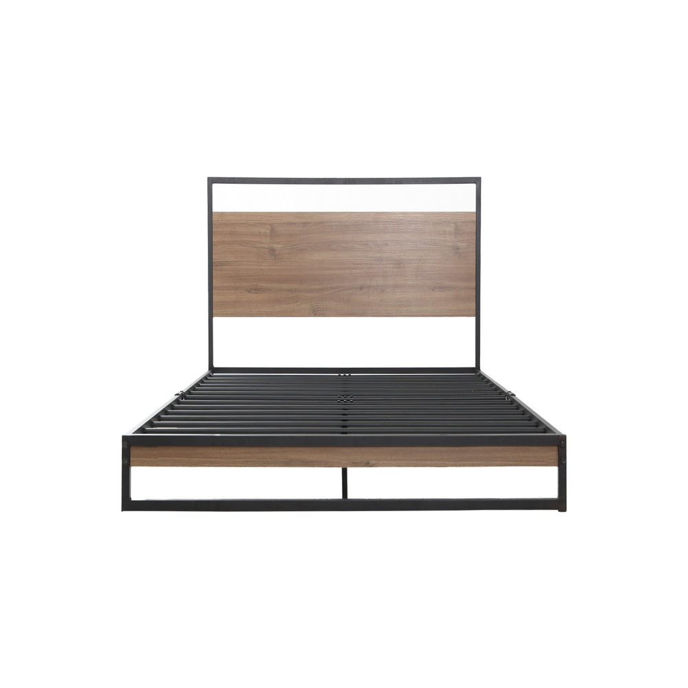 Black metal single bed frame with a headboard panel in 15mm thick MDF with PVC, dark wood