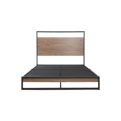 Black metal single bed frame with a headboard panel in 15mm thick MDF with PVC, dark wood