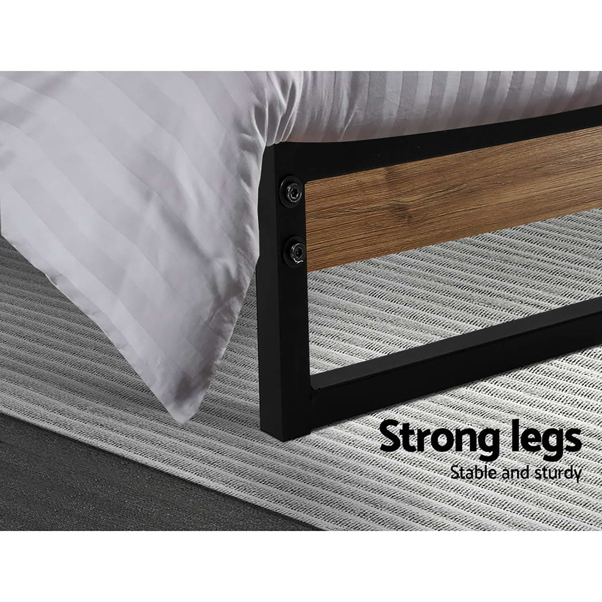 Black and dark wood single bed frame rated to a 150kg weight capacity
