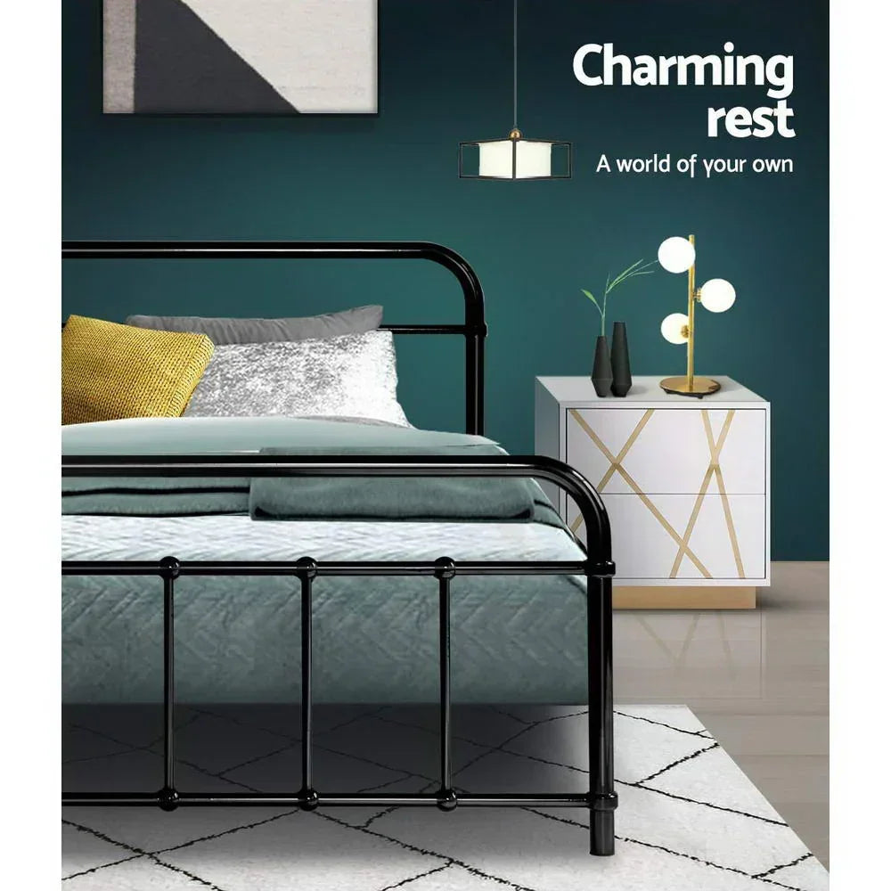 Modern bedroom with black metal bed frame, teal bedding, gold-accented nightstand, and unique lighting