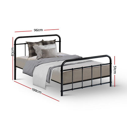 Black metal single bed frame with a metal tube slat base
