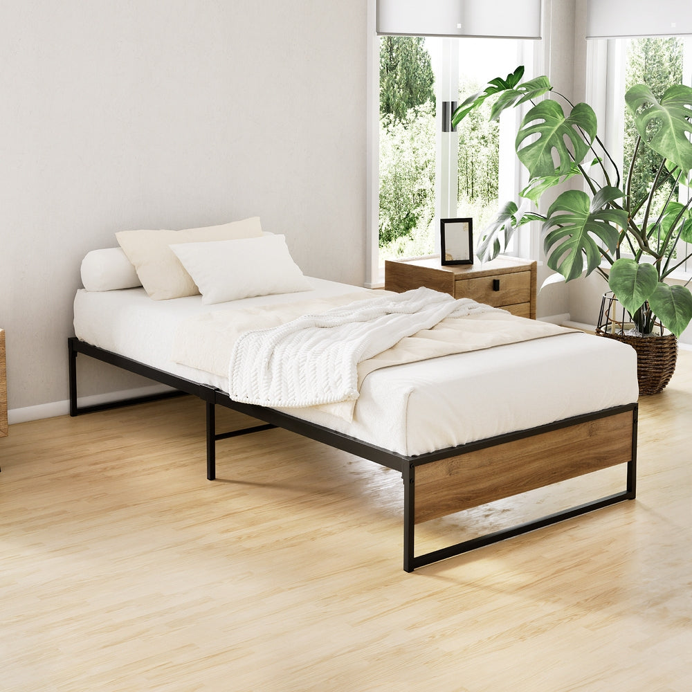 Artiss OSLO single metal bed base in black powder-coated steel with dark wood accents