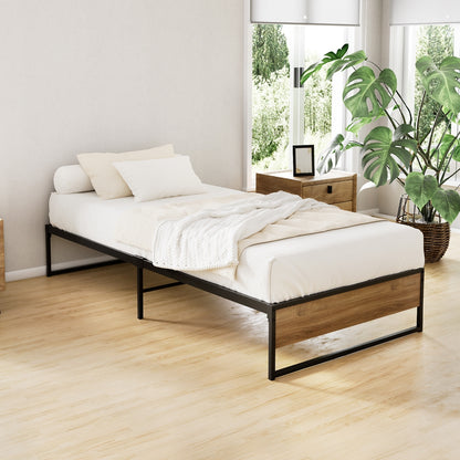 Artiss OSLO single metal bed base in black powder-coated steel with dark wood accents