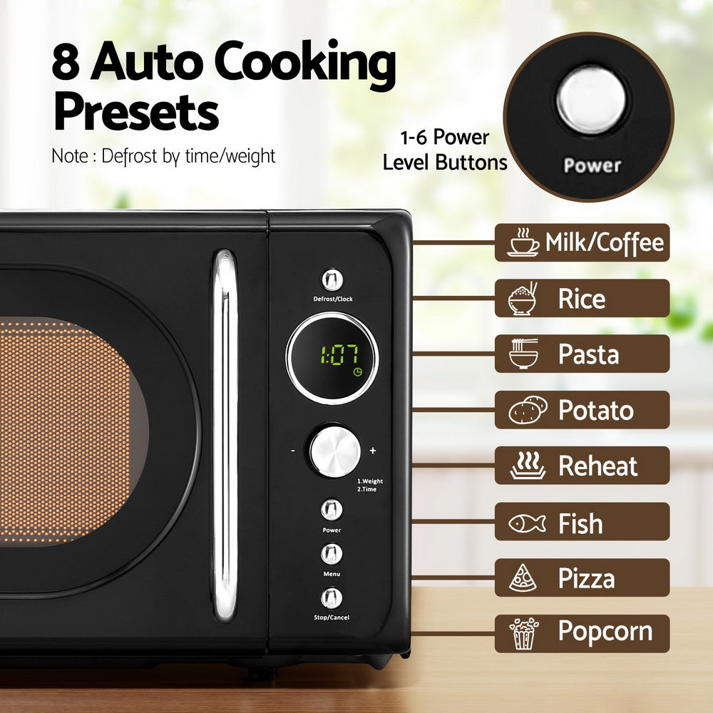 Devanti 20L black microwave oven with 245 mm glass turntable