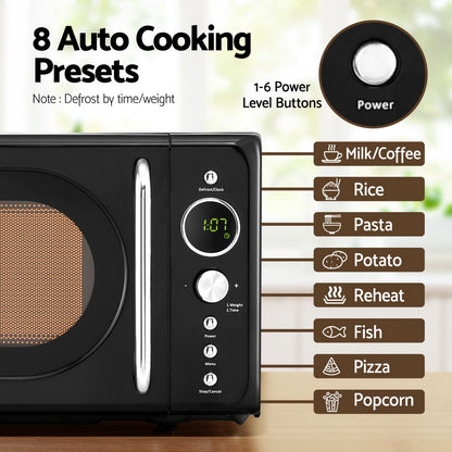 Devanti 20L black microwave oven with 245 mm glass turntable