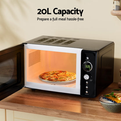 Devanti 20L black microwave oven with child safety lock and pull door