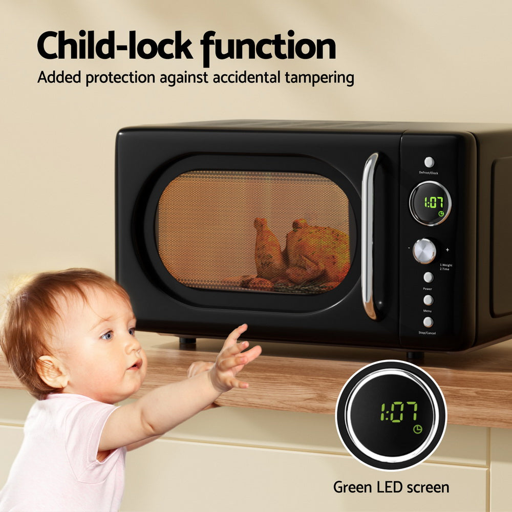 Devanti 20L black microwave oven with defrost by time or weight