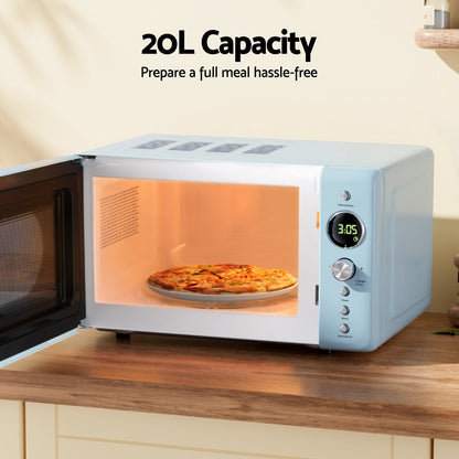 Devanti 20L 700W blue microwave oven with child safety lock and pull door