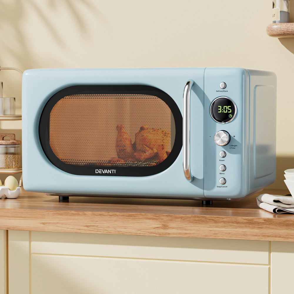 Devanti 20L 700W blue countertop microwave oven, 45.5 x 29.5 x 27cm