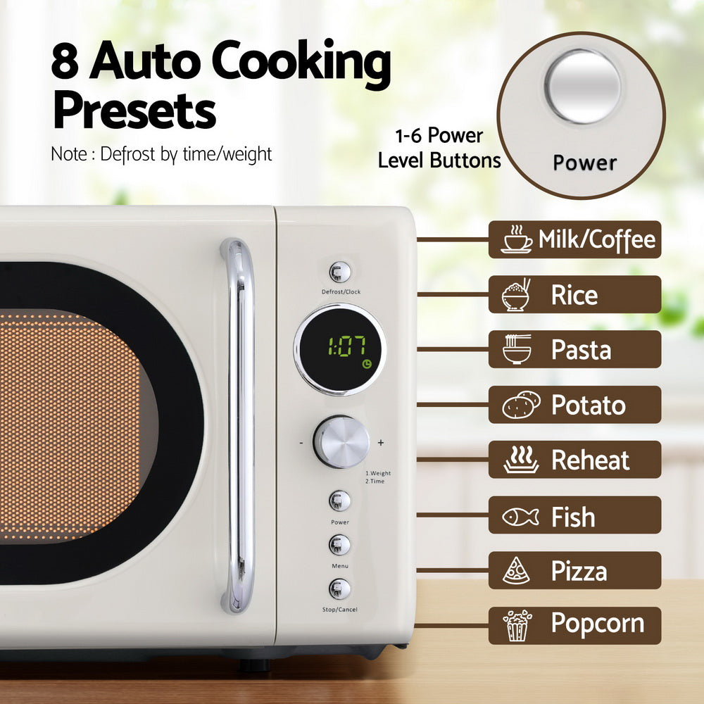 Devanti 20L cream microwave oven with 245 mm glass turntable