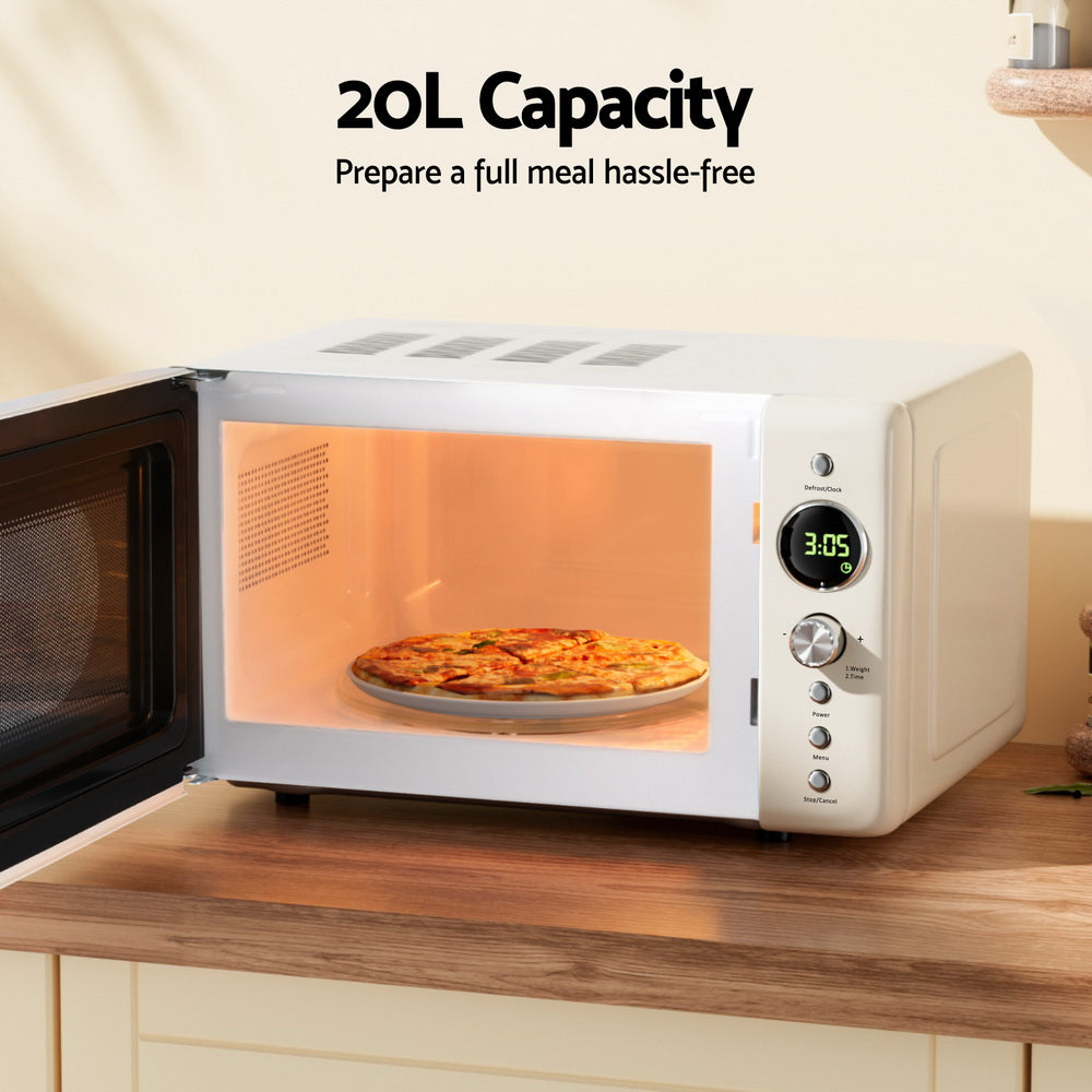 Devanti 20L cream microwave oven with child safety lock and pull door