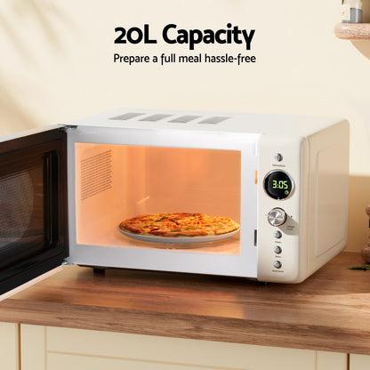 Devanti 20L cream microwave oven with child safety lock and pull door