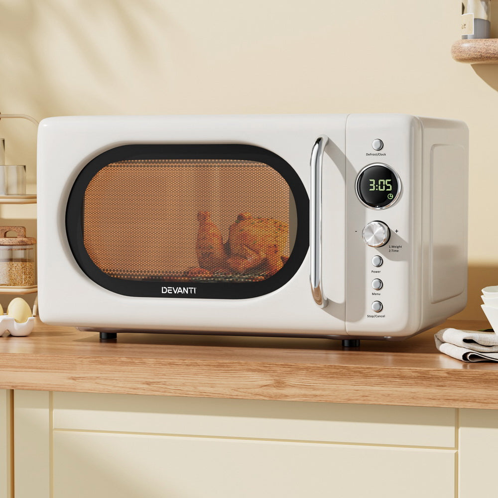 Devanti 20L cream countertop microwave oven, 45.5 x 29.5 x 27cm