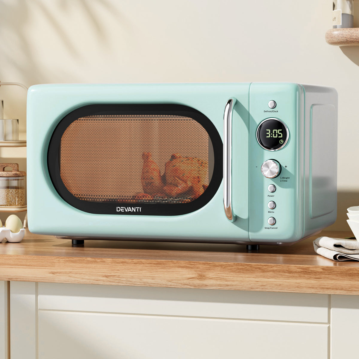 Devanti 20L microwave oven in green with digital control