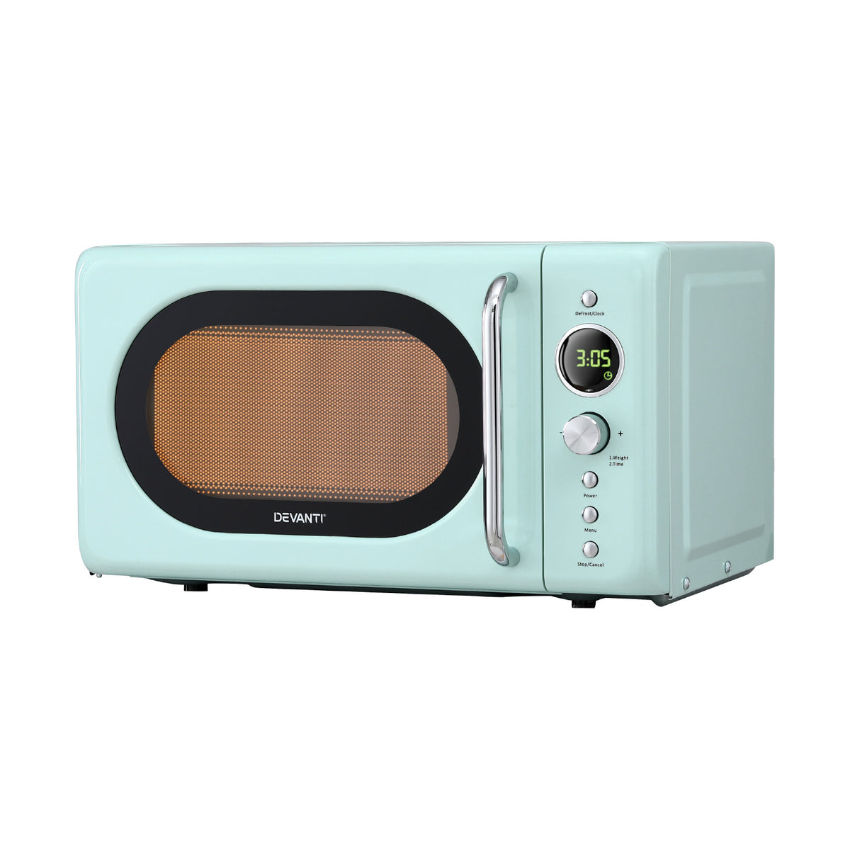 Devanti 20L green microwave oven with 6 power levels and 8 auto cook menus