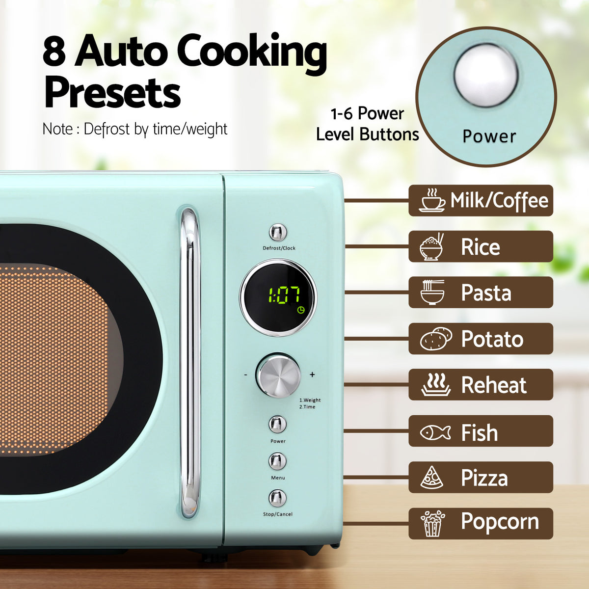 Devanti 20L green microwave oven with child safety lock and pull door