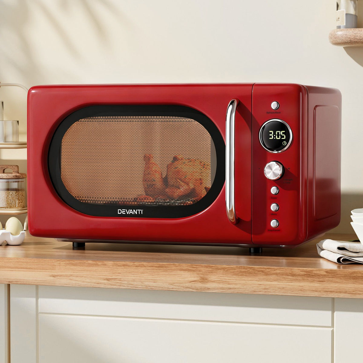 Devanti 20L microwave oven in red with digital control