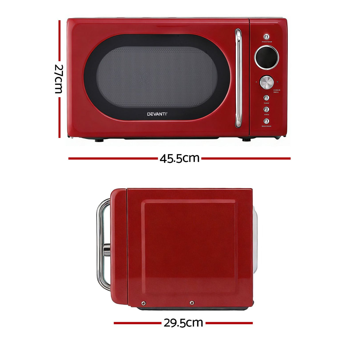 Devanti 20L red microwave oven with 6 power levels and 8 auto cook menus