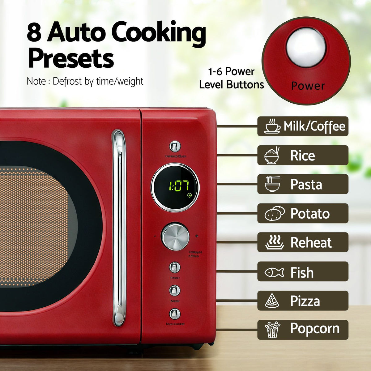 Devanti 20L red microwave oven with 245 mm glass turntable