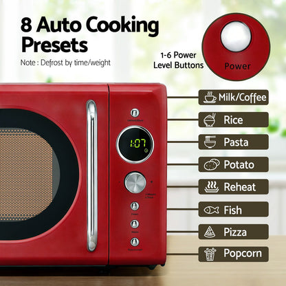 Devanti 20L red microwave oven with 245 mm glass turntable