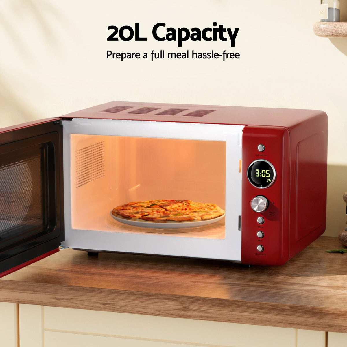 Devanti 20L red microwave oven with child safety lock and pull door