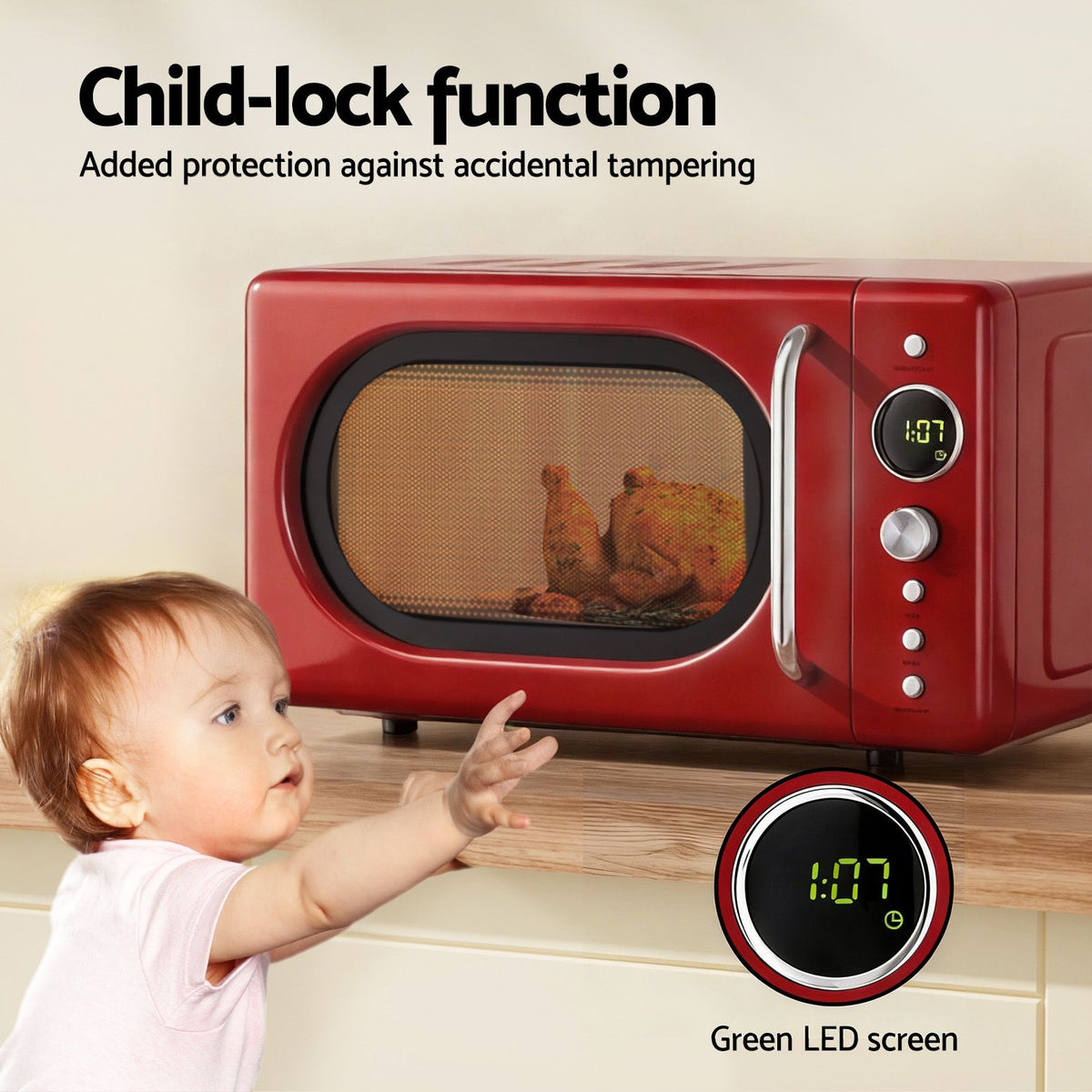 Devanti 20L red microwave oven with 24 hour timer