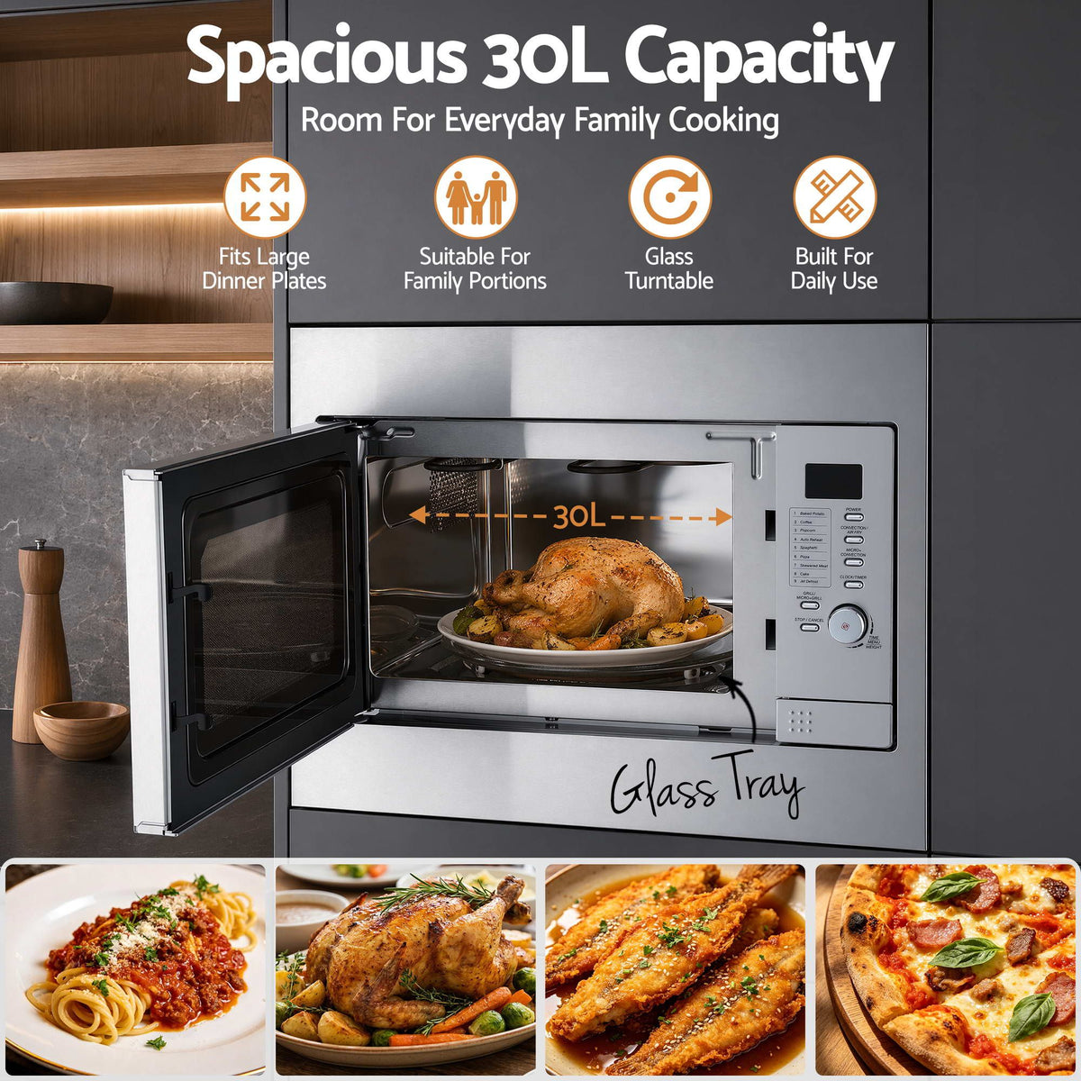 Devanti 30L built in microwave oven with digital display and knob control