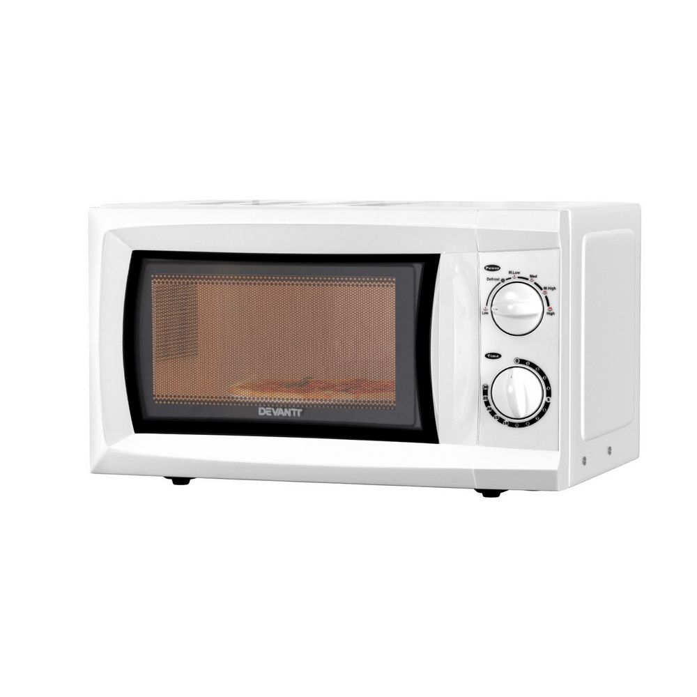Devanti 20L 700W microwave oven in white with mechanical dial control