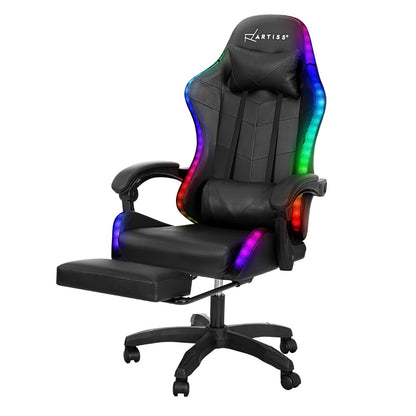 Artiss Massage Gaming Chair 6 Point Vibration 7 LED Footrest Black 150kg