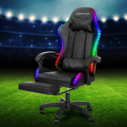 Artiss Massage Gaming Chair 6 Point Vibration 7 LED Footrest Black 150kg