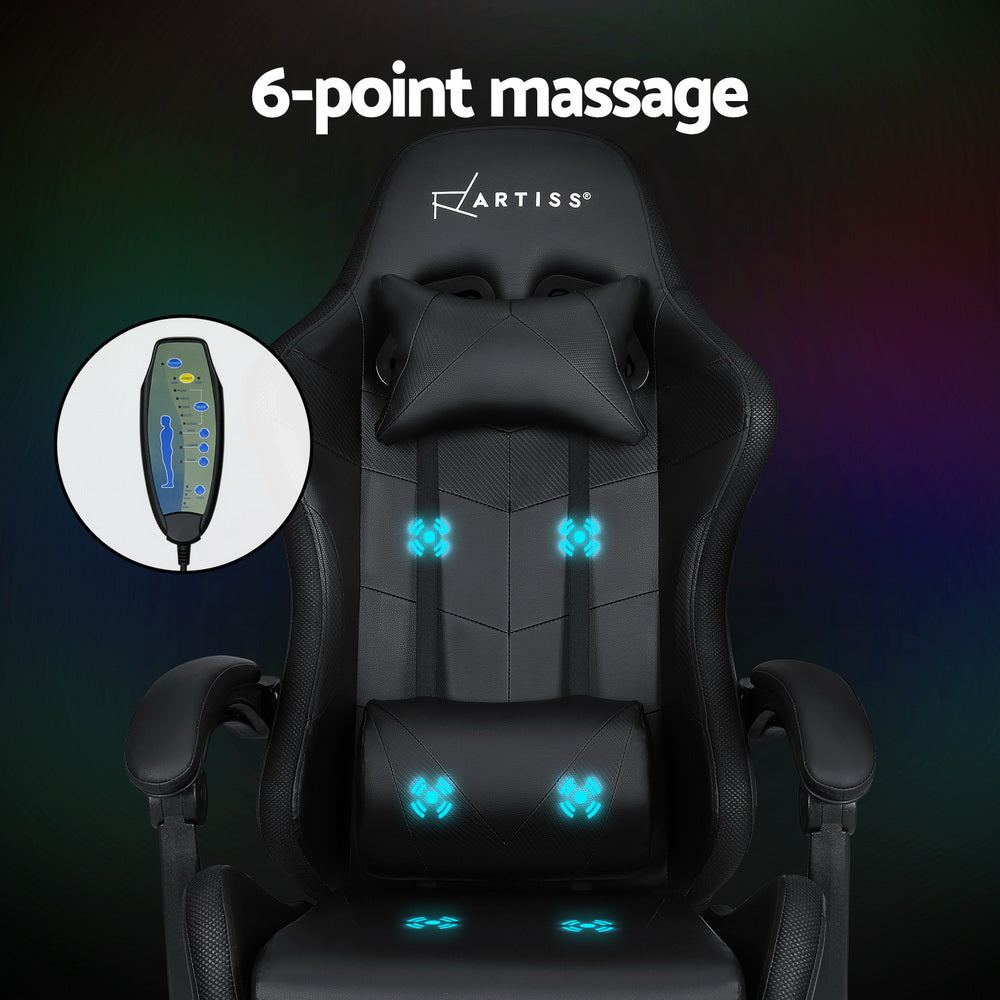 Artiss Massage Gaming Chair 6 Point Vibration 7 LED Footrest Black 150kg