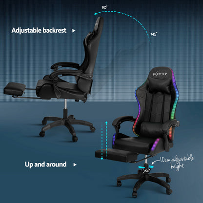 Artiss Massage Gaming Chair 6 Point Vibration 7 LED Footrest Black 150kg