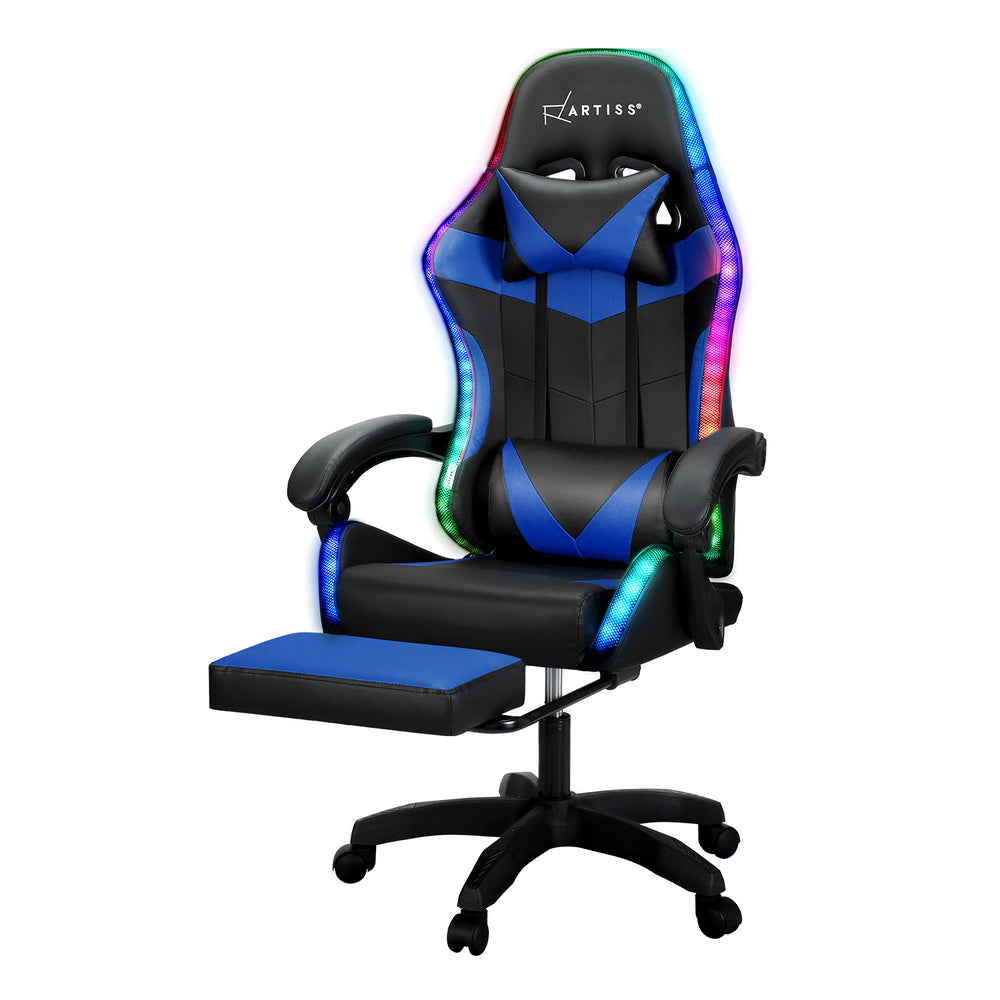 Artiss Massage Gaming Chair 6 Point Vibration 7 LED Footrest Blue 150kg