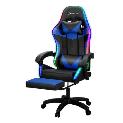 Artiss Massage Gaming Chair 6 Point Vibration 7 LED Footrest Blue 150kg