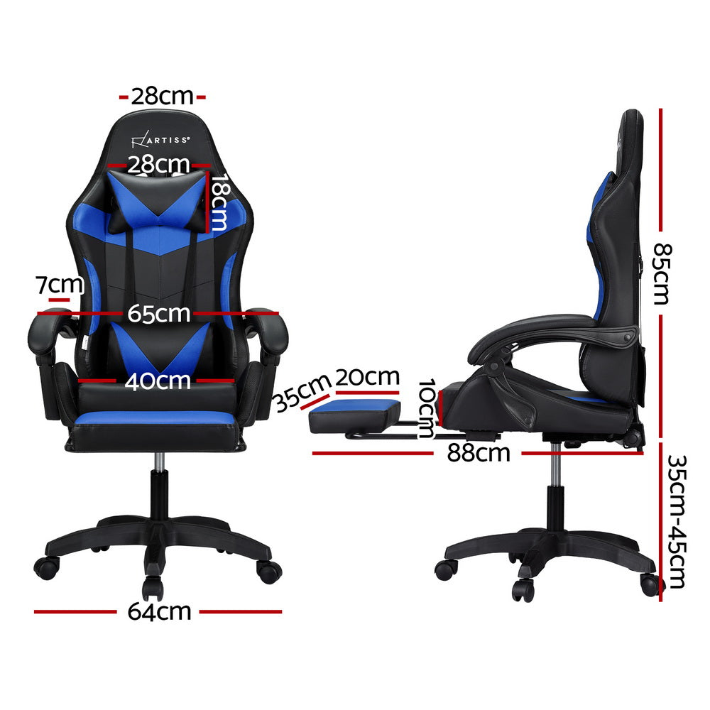 Artiss Massage Gaming Chair 6 Point Vibration 7 LED Footrest Blue 150kg