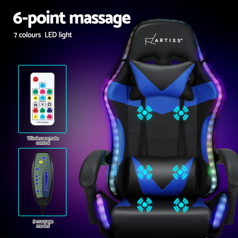 Artiss Massage Gaming Chair 6 Point Vibration 7 LED Footrest Blue 150kg