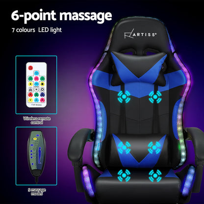 Artiss Massage Gaming Chair 6 Point Vibration 7 LED Footrest Blue 150kg
