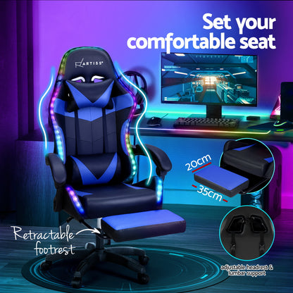 Artiss Massage Gaming Chair 6 Point Vibration 7 LED Footrest Blue 150kg