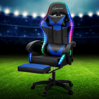 Artiss Massage Gaming Chair 6 Point Vibration 7 LED Footrest Blue 150kg