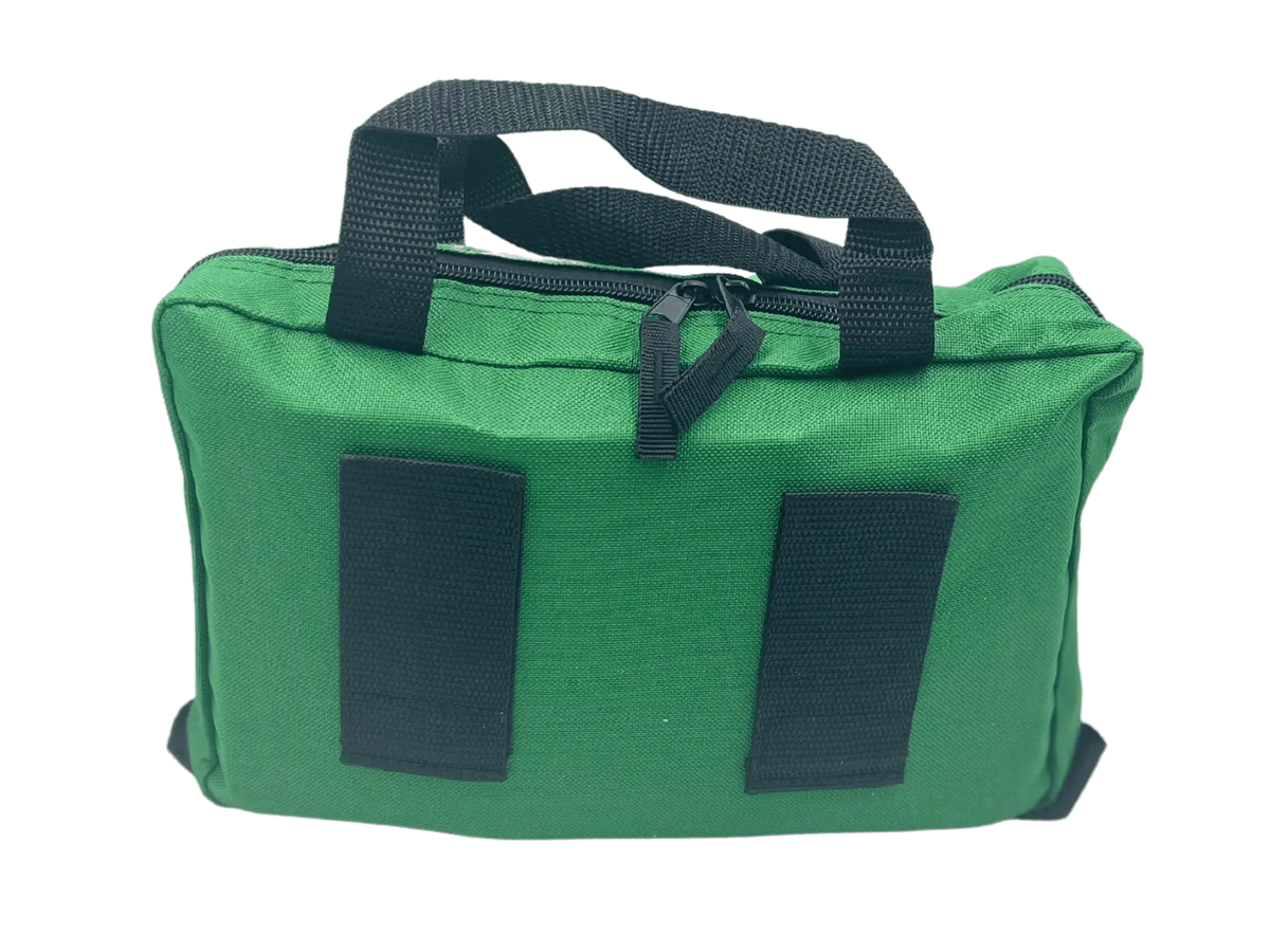 Green workplace kit with labelled bandages, dressings, eye wash ampoules, instruments and CPR shield