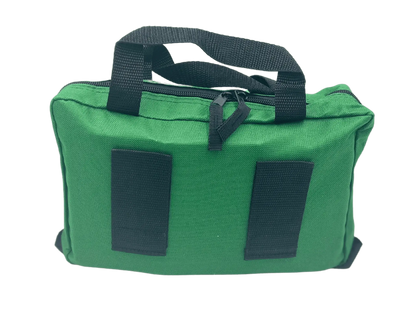 Green workplace kit with labelled bandages, dressings, eye wash ampoules, instruments and CPR shield