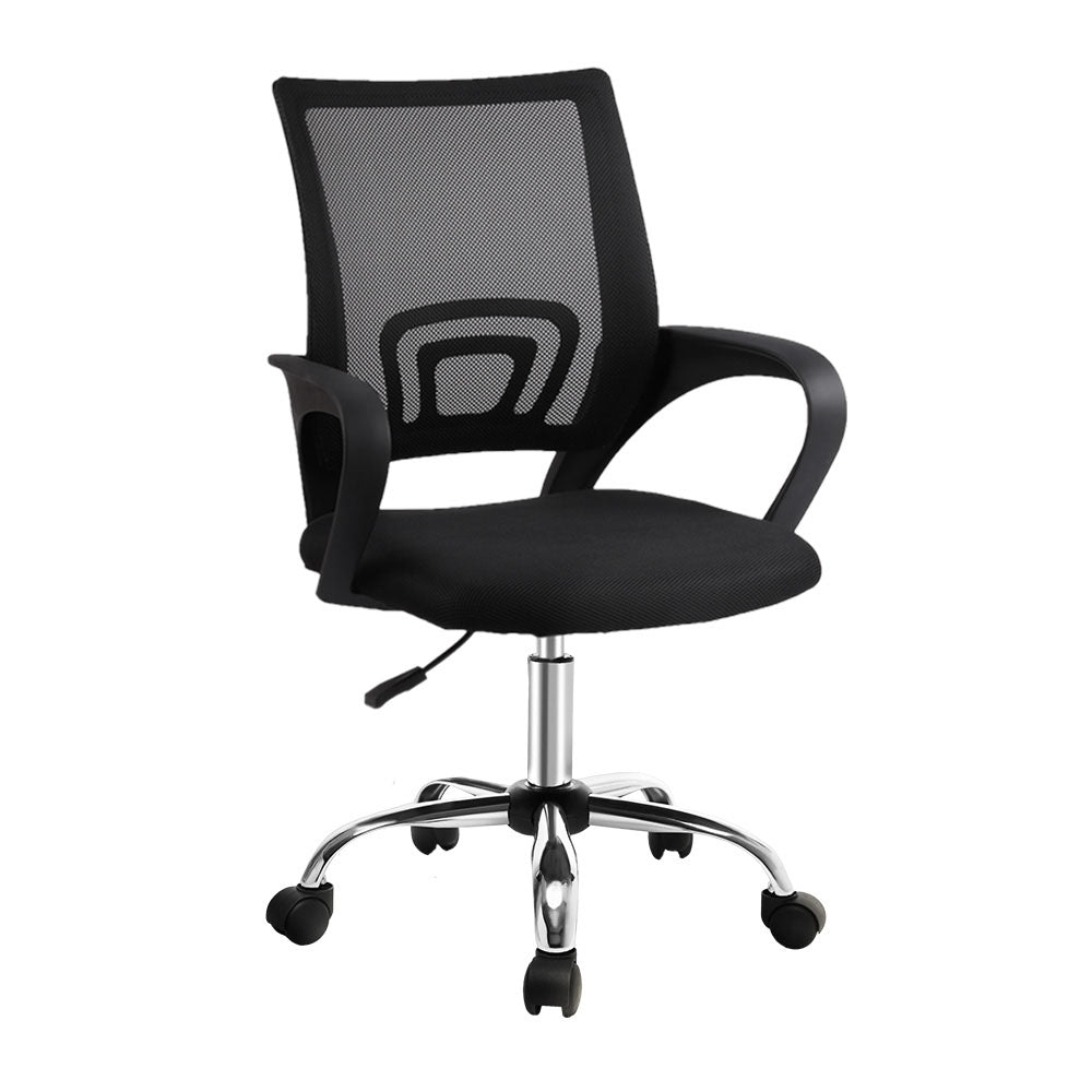 Black mesh office chair with armrests and rolling casters for ergonomic comfort
