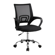 Black mesh office chair with armrests and rolling casters for ergonomic comfort