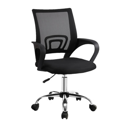 Black mesh office chair with armrests and rolling casters for ergonomic comfort
