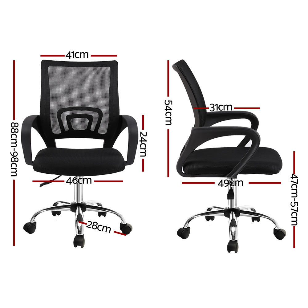 Black mesh office chair with adjustable height, armrests, and wheels, dimensions shown for ergonomic desk use.