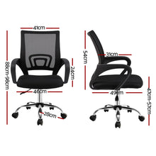 Black mesh office chair with adjustable height, armrests, and wheels, dimensions shown for ergonomic desk use.